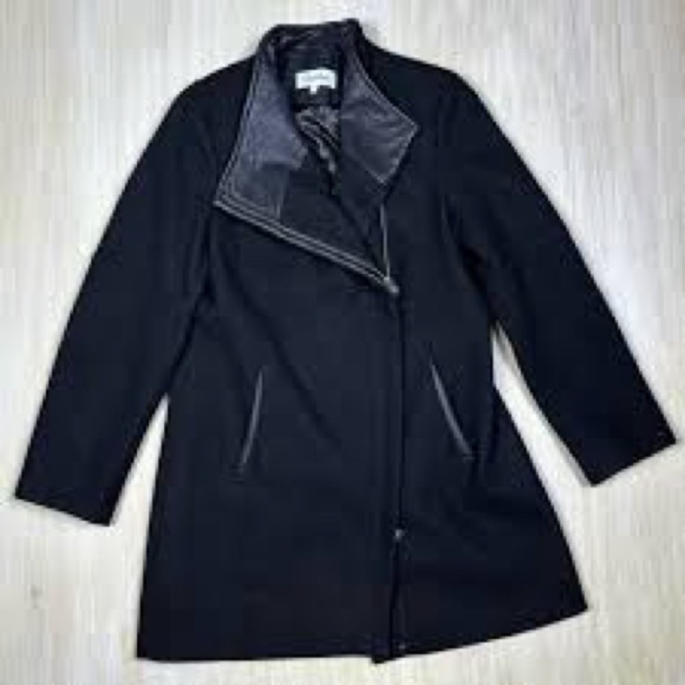 CALVIN KLEIN Coat Wool Faux Leather Trim Black 1X